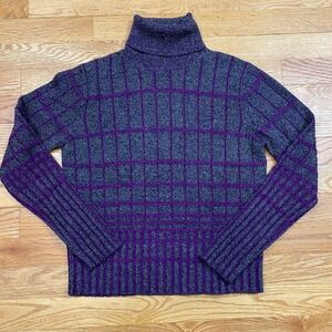 Carlisle Turtleneck Sweater Womens M Purple Grey Grid Wool Blend Dark Academia